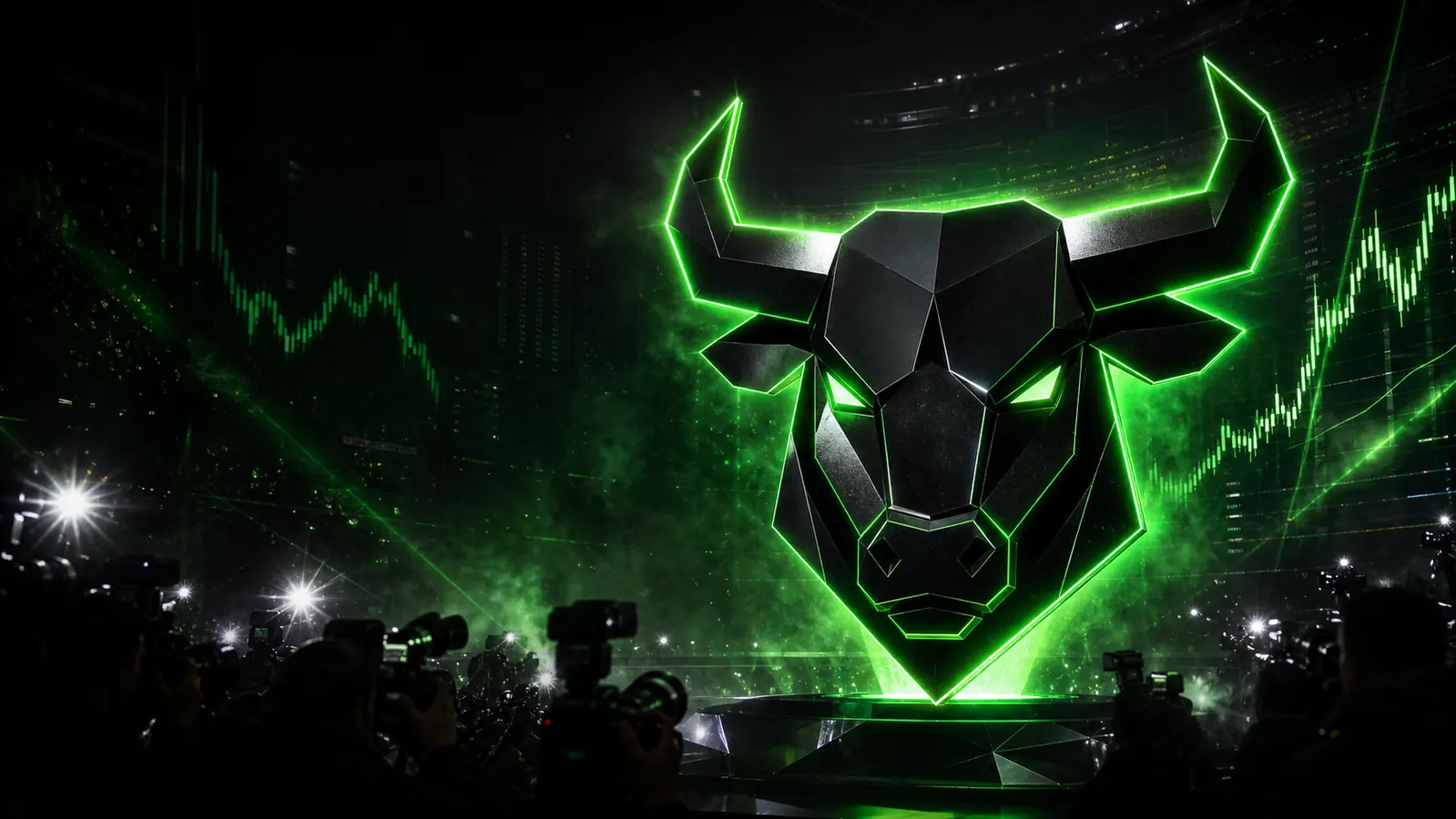 Neon black bull movement banner with paparazzi cameras and market charts