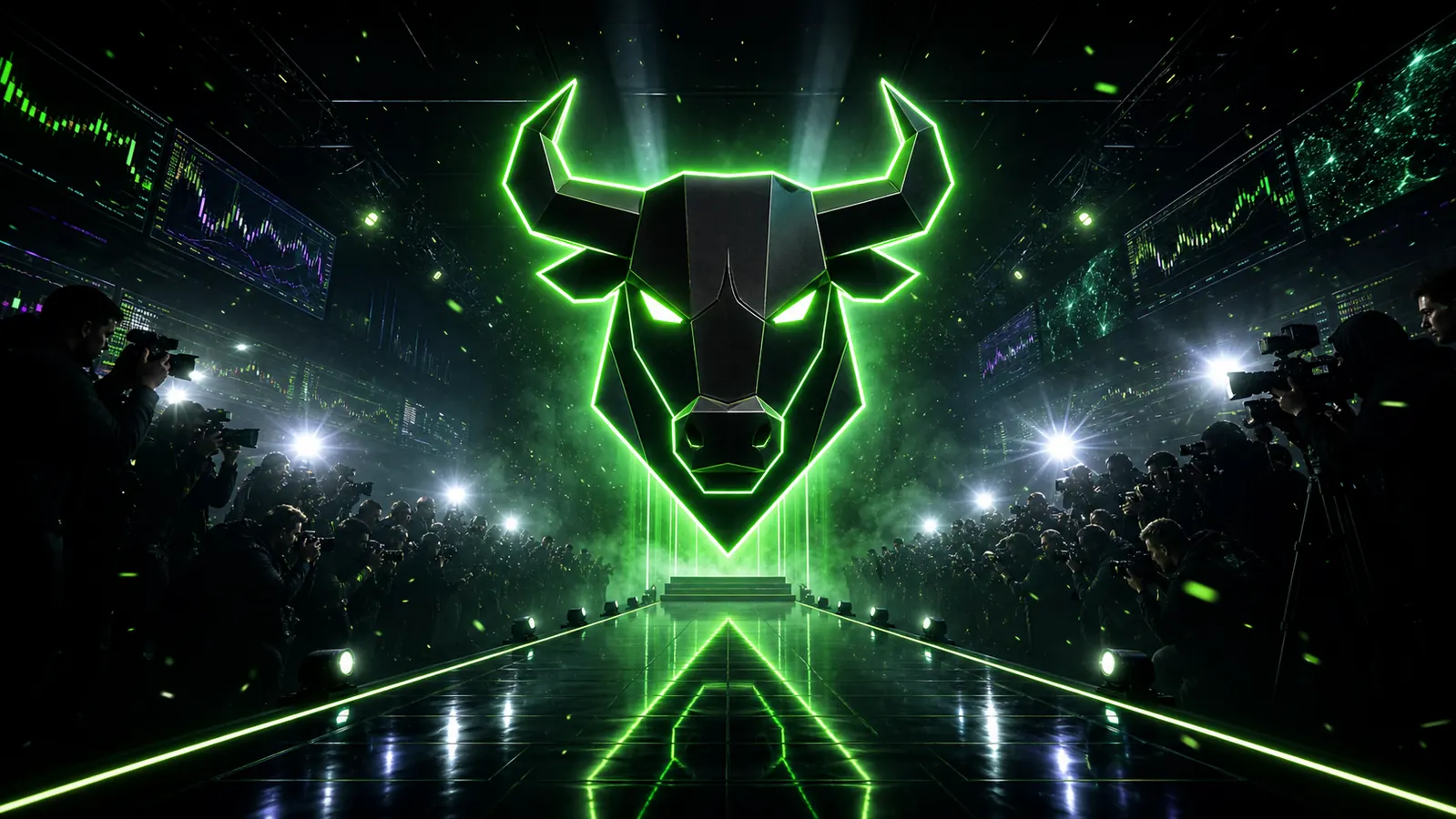Neon bull hologram runway banner with photographers and trading screens