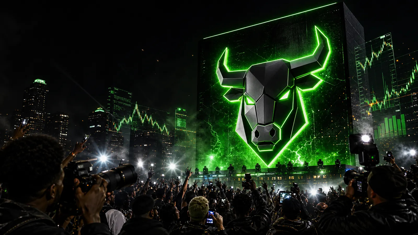 Neon bull billboard banner above a crowd and camera flashes